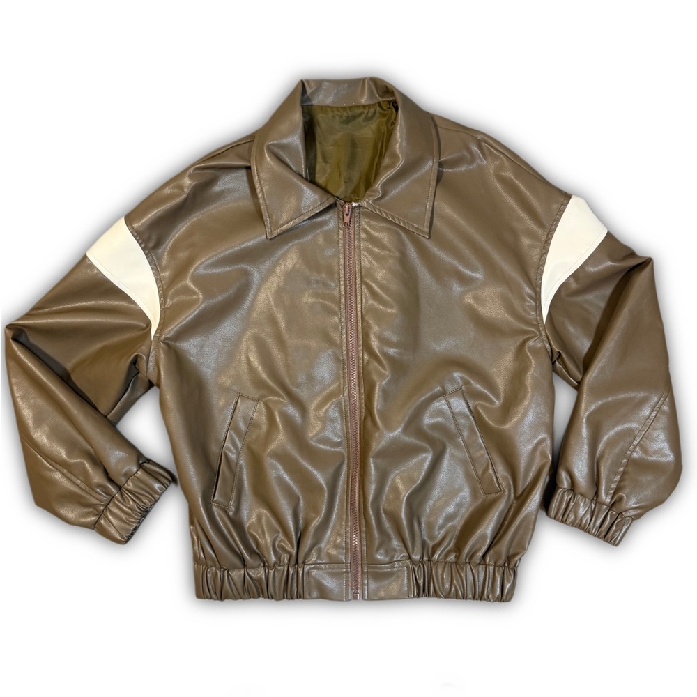 Brown Bomber Jacket with White Stripes